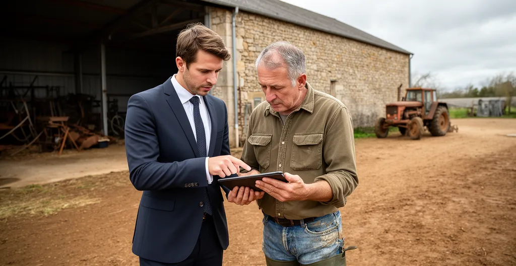 Consultant photovoltaïque en discussion avec un exploitant agricole devant un hangar