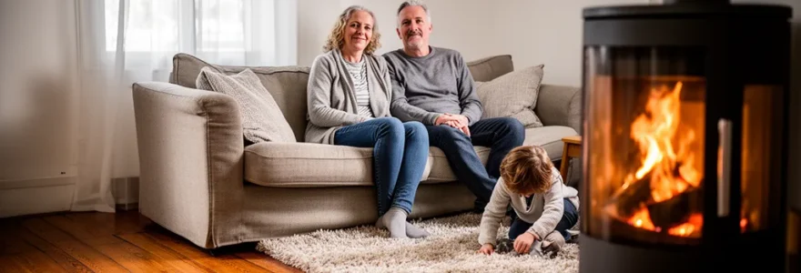 Famille profitant de la chaleur d'un poêle à bois moderne dans un salon français