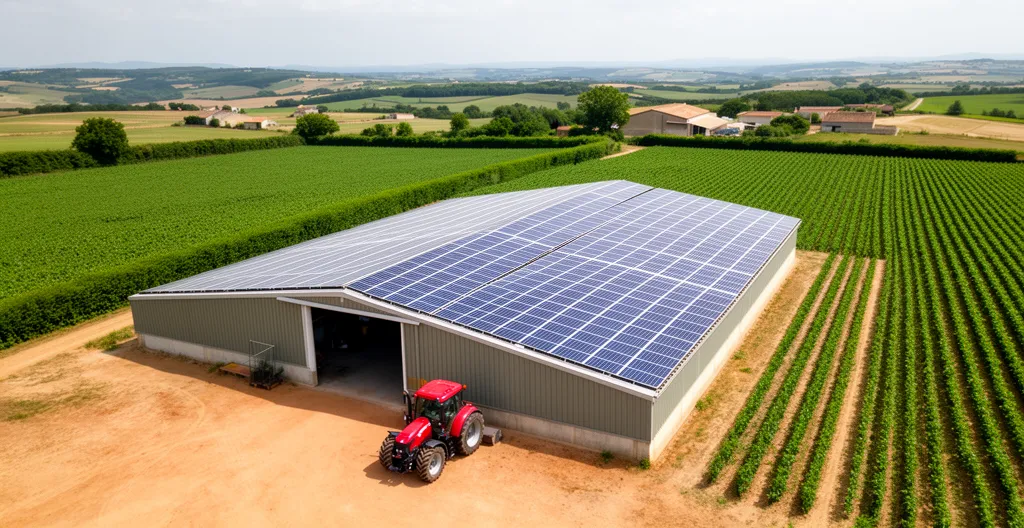 Hangar agricole équipé de panneaux photovoltaïques dans une exploitation du Sud-Ouest