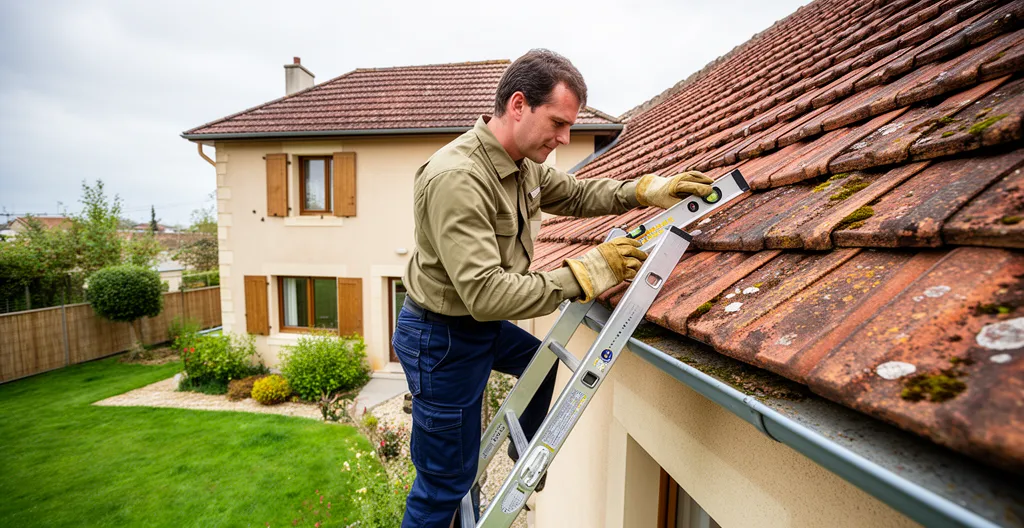 Technicien vérifie l'inclinaison d'une toiture photovoltaïque avec outil de mesure