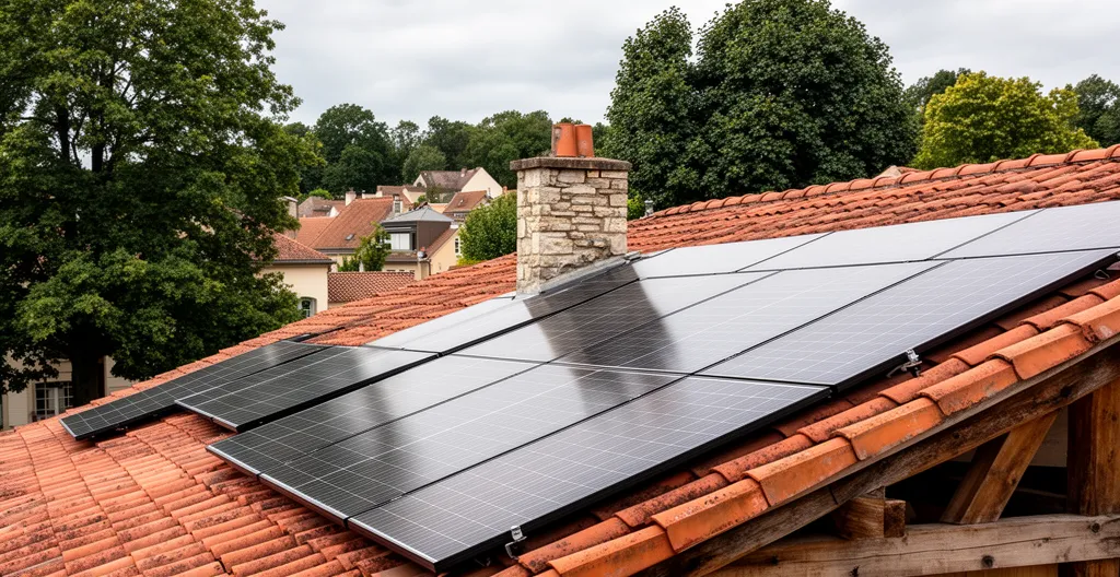 Vue de toiture montrant l'ombrage partiel d'une cheminée sur des panneaux photovoltaïques