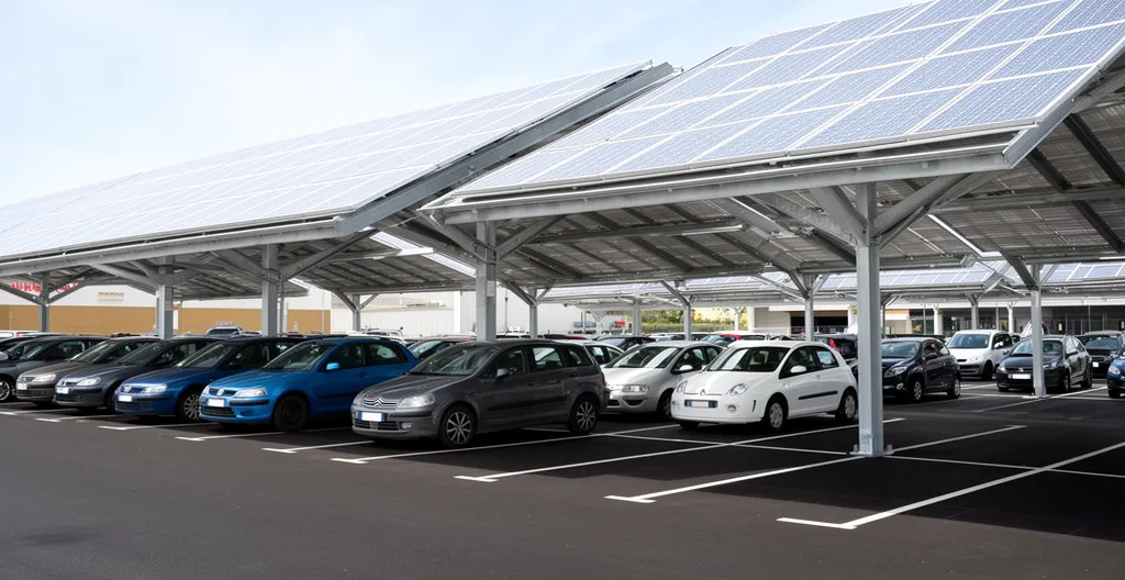 Ombrière de parking équipée de panneaux photovoltaïques protégeant des véhicules