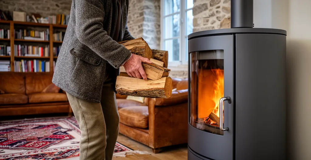 Propriétaire chargeant des bûches dans un poêle à bois moderne