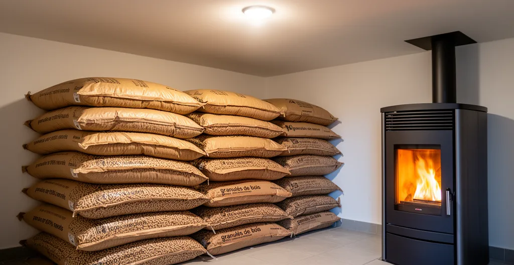 Stockage de granulés de bois près d'un poêle à pellets en fonctionnement