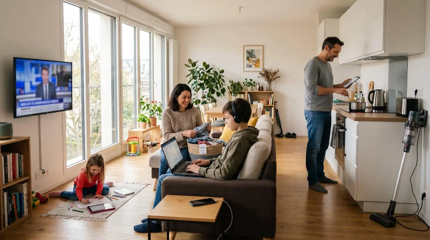 Famille française dans salon lumineux avec équipements électriques actifs en journée, illustrant consommation domestique diurne