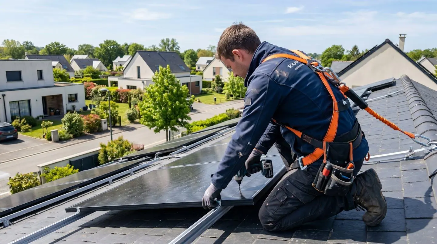 Installateur professionnel en équipement de sécurité inspectant des panneaux solaires sur une toiture résidentielle moderne vu de dos