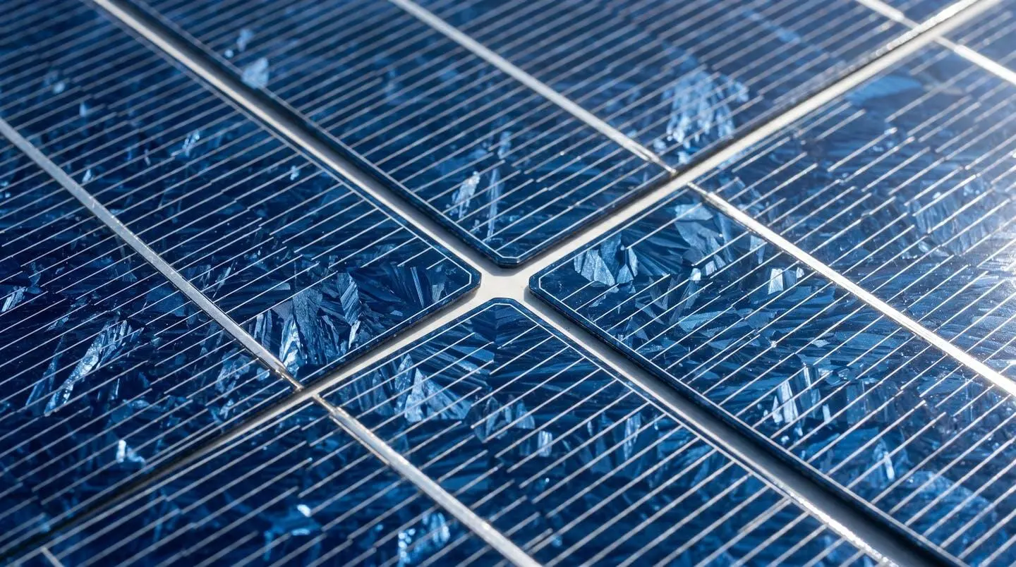 Gros plan rapproché sur la texture cristalline des cellules photovoltaïques d'un panneau solaire moderne avec reflets lumineux subtils