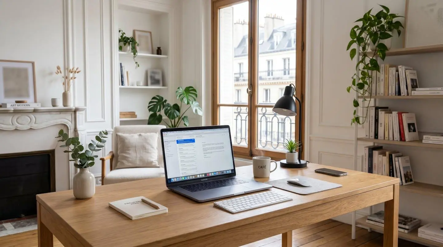 Espace de télétravail moderne avec ordinateur portable dans bureau à domicile lumineux en journée