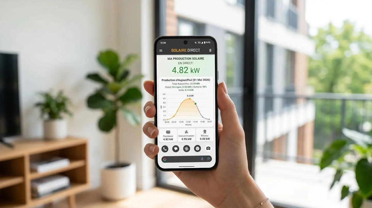 Main tenant smartphone affichant application de suivi de production photovoltaïque en temps réel avec graphiques de consommation
