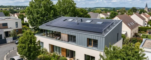 Toiture d'une maison individuelle française moderne équipée de panneaux solaires photovoltaïques dans un environnement périurbain sous un ciel partiellement nuageux