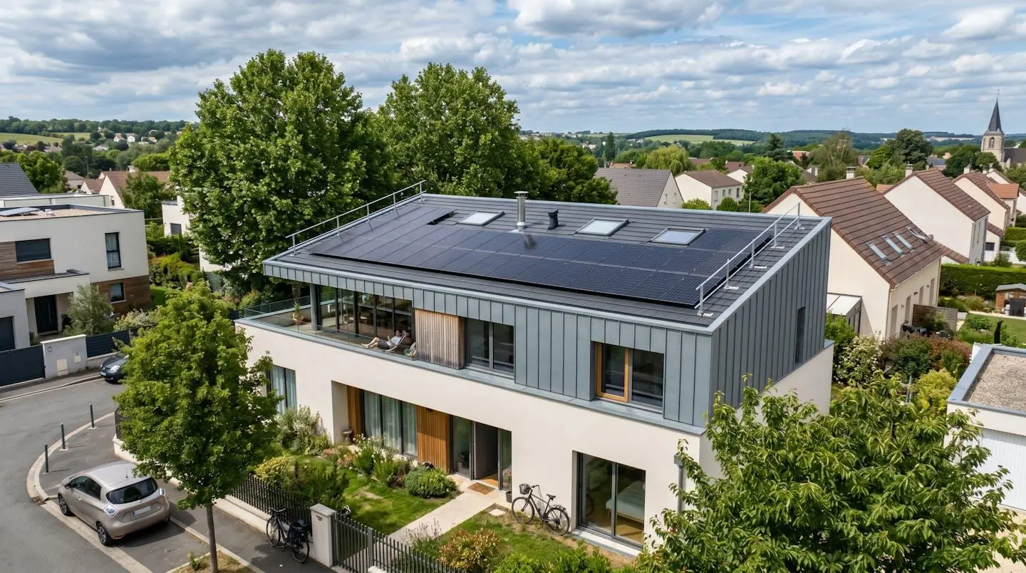 Toiture d'une maison individuelle française moderne équipée de panneaux solaires photovoltaïques dans un environnement périurbain sous un ciel partiellement nuageux