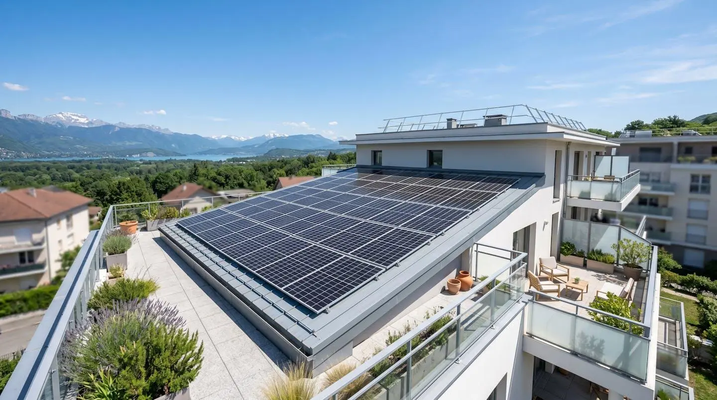 Vue architecturale d'une toiture résidentielle moderne équipée de panneaux solaires photovoltaïques sous un ciel ensoleillé en France