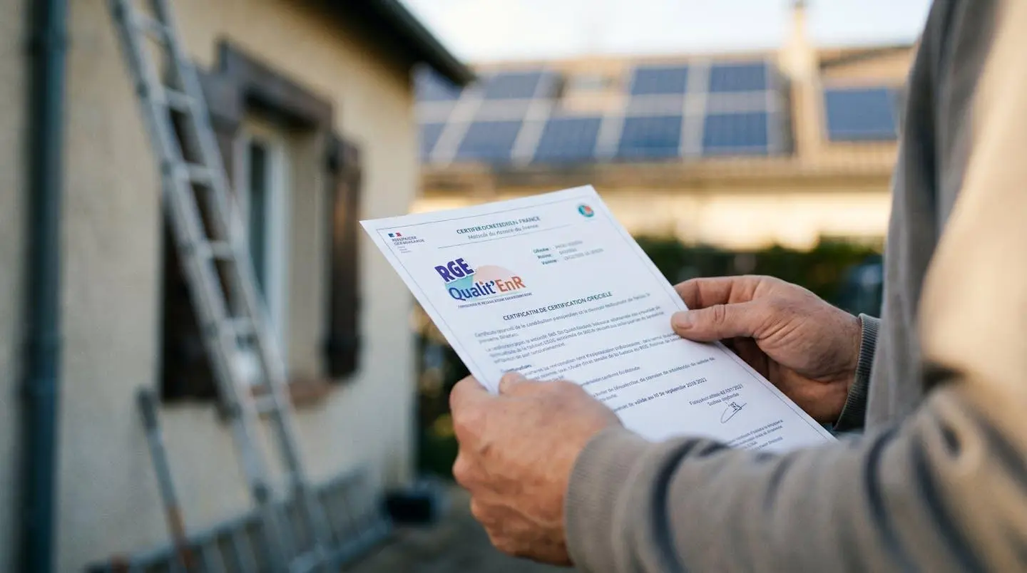 Gros plan sur certification RGE Qualit'EnR tenue par artisan avec panneaux solaires en arrière-plan flou