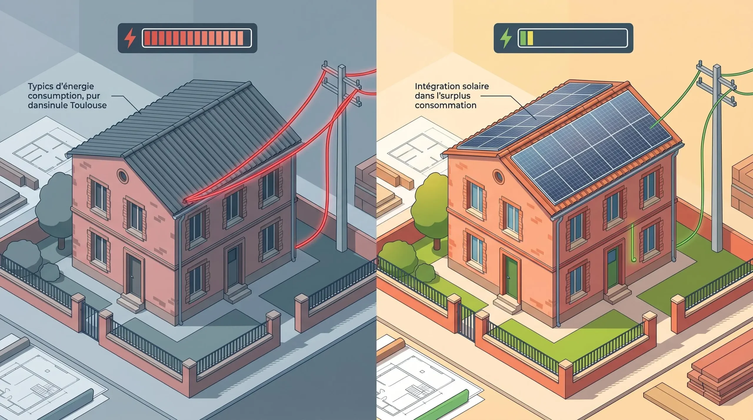 Illustration isométrique montrant une maison avant et après installation solaire avec réduction visible de la dépendance au réseau électrique