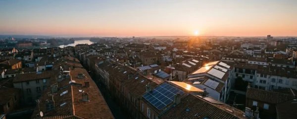 Vue aérienne de toits toulousains en tuiles roses au lever du soleil avec panneaux photovoltaïques captant la lumière dorée matinale