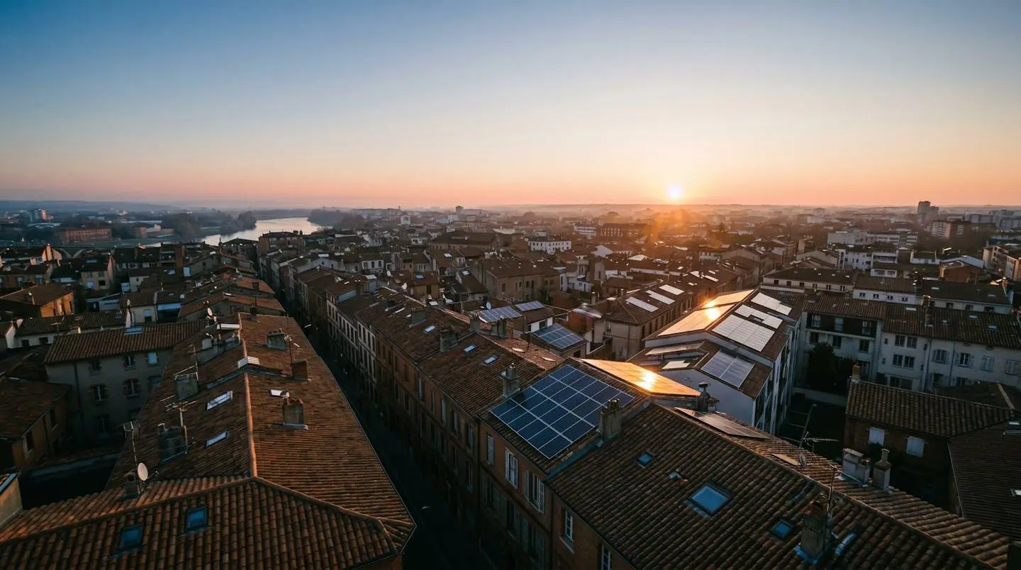 Vue aérienne de toits toulousains en tuiles roses au lever du soleil avec panneaux photovoltaïques captant la lumière dorée matinale